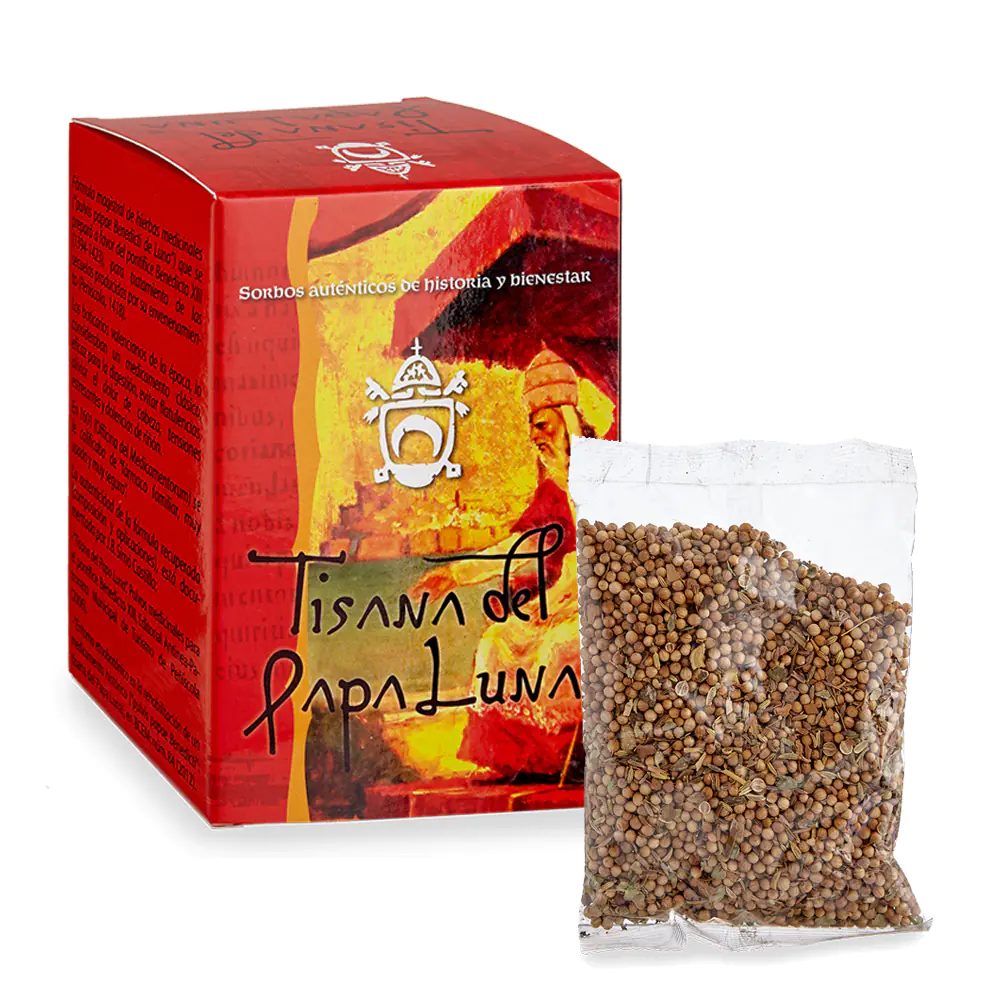 Caja de Tisana del Papa Luna en formato granel con mezcla de semillas y raíces