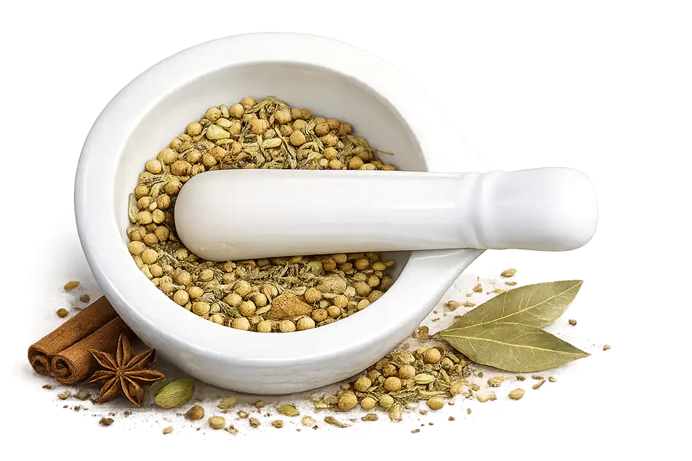 Ingredientes de la Tisana del Papa Luna en mortero con semillas, raíces y canela